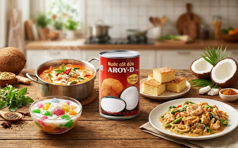 Nước cốt dừa đóng hộp Aroy-D dùng nấu cà ri món Thái chè bánh và món ăn gia đình