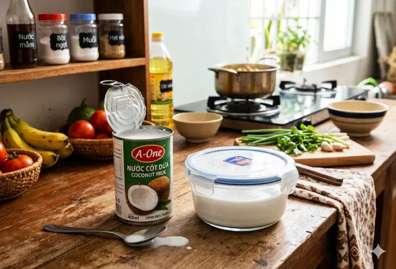 Bảo quản nước cốt dừa trong hộp kín sau khi mở nắp