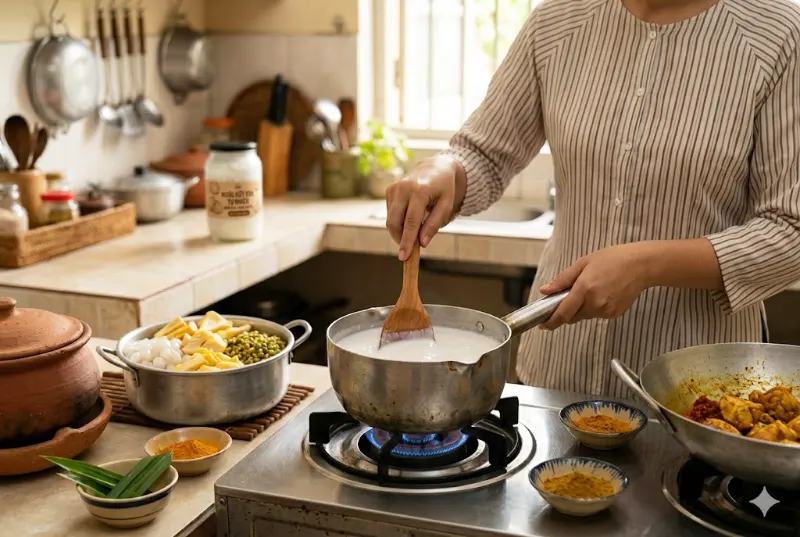 Hâm nước cốt dừa bằng lửa nhỏ trước khi nấu chè và cà ri