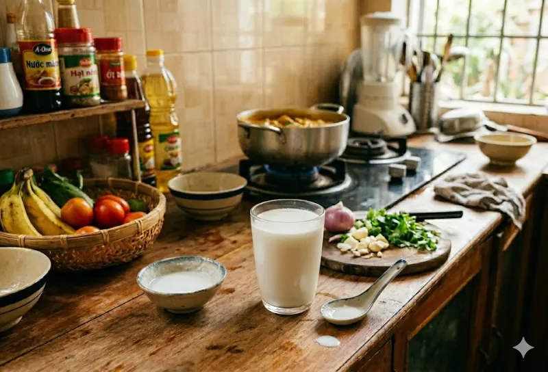 Nước cốt dừa đã mở nắp để ngoài trong gian bếp gia đình